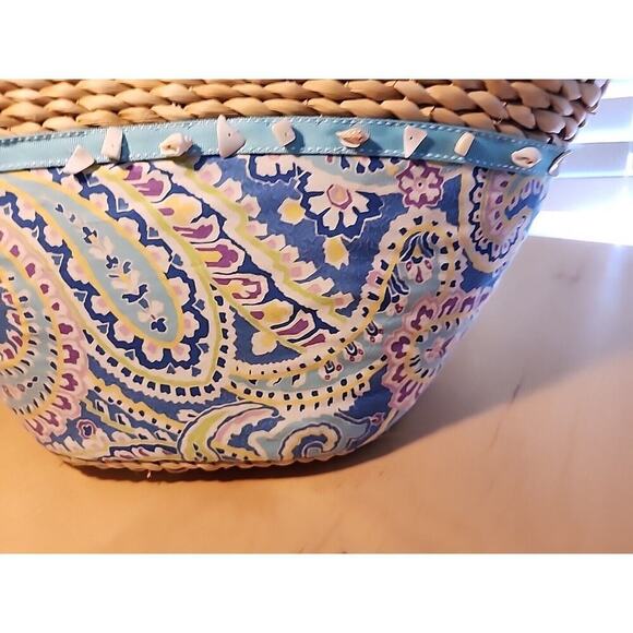 Vera Bradley XLARGE Capri Blue Woven Straw Beach Tote Bag W Sea Shells - Picture 7 of 8